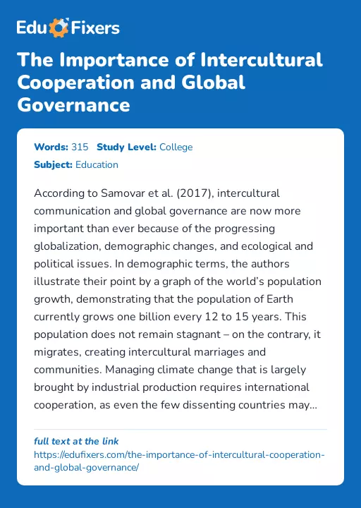 The Importance of Intercultural Cooperation and Global Governance - Essay Preview