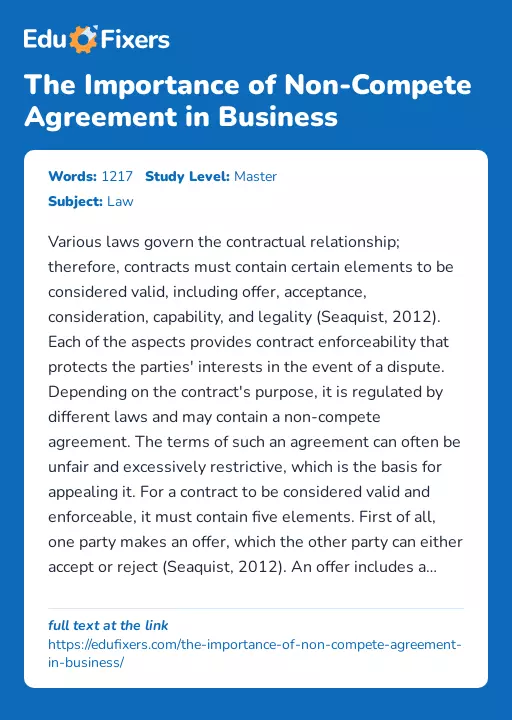 The Importance of Non-Compete Agreement in Business - Essay Preview