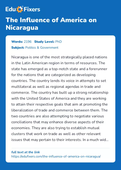 The Influence of America on Nicaragua - Essay Preview