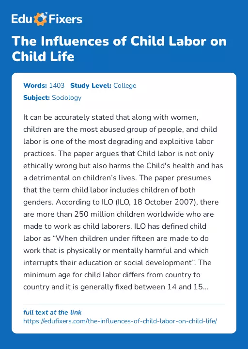 The Influences of Child Labor on Child Life - Essay Preview