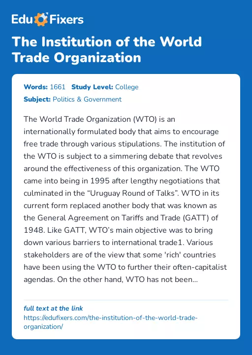 The Institution of the World Trade Organization - Essay Preview