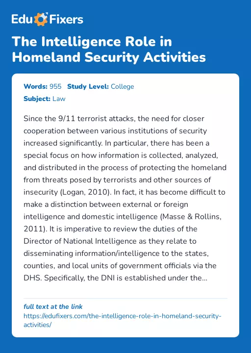 The Intelligence Role in Homeland Security Activities - Essay Preview