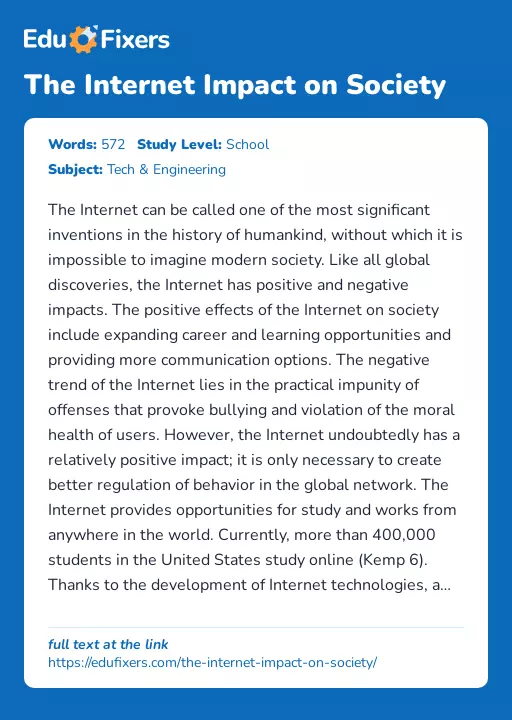 The Internet Impact on Society - Essay Preview