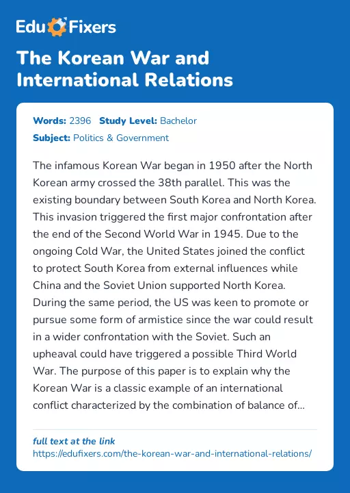 The Korean War and International Relations - Essay Preview