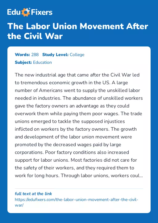 The Labor Union Movement After the Civil War - Essay Preview