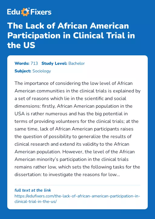 The Lack of African American Participation in Clinical Trial in the US - Essay Preview