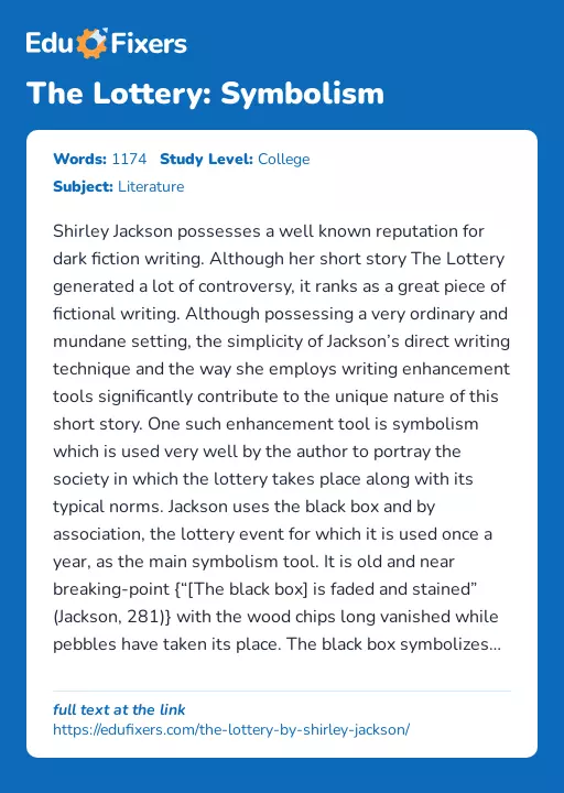 The Lottery: Symbolism - Essay Preview