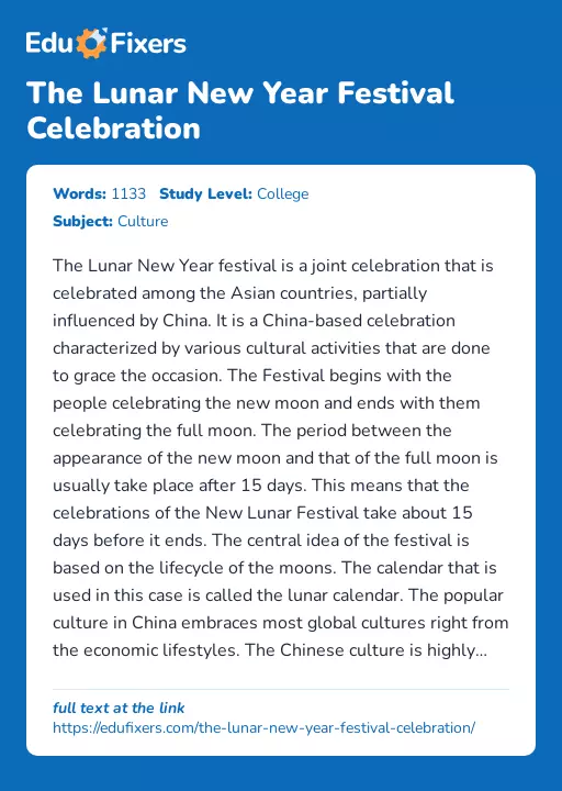 The Lunar New Year Festival Celebration - Essay Preview