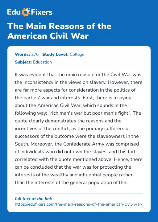 The Main Reasons of the American Civil War - Essay Preview