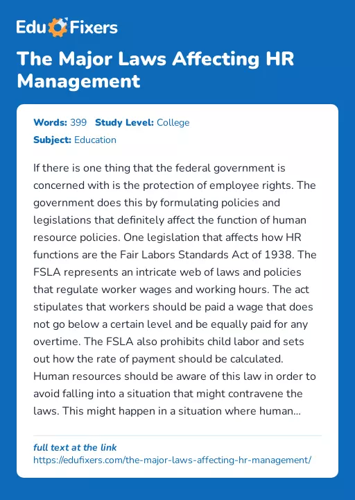 The Major Laws Affecting HR Management - Essay Preview