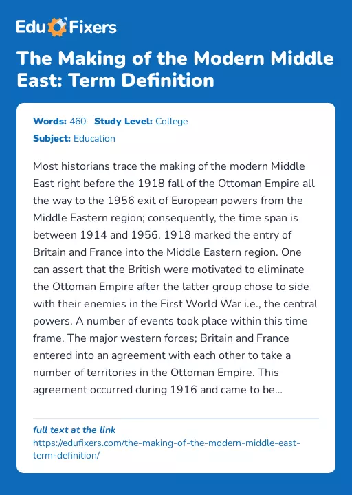 The Making of the Modern Middle East: Term Definition - Essay Preview