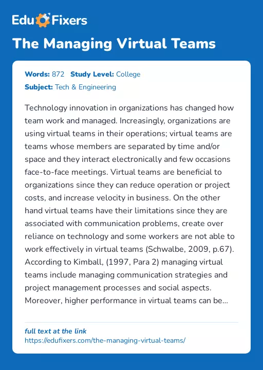 The Managing Virtual Teams - Essay Preview