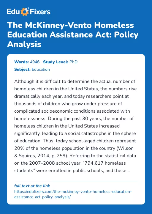 The McKinney-Vento Homeless Education Assistance Act: Policy Analysis - Essay Preview