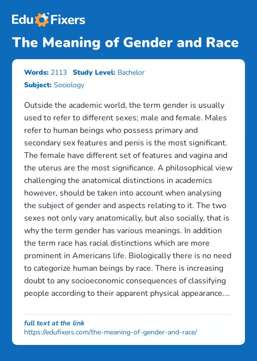 The Meaning of Gender and Race - Essay Preview