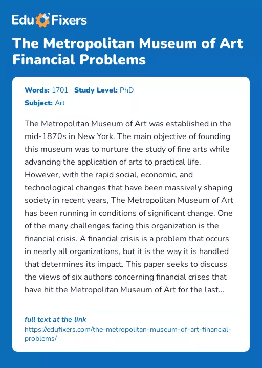 The Metropolitan Museum of Art Financial Problems - Essay Preview