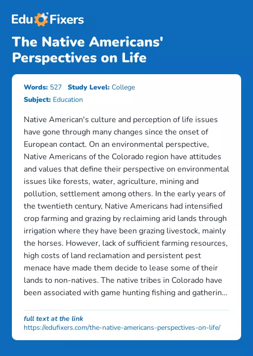 The Native Americans' Perspectives on Life - Essay Preview