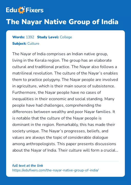 The Nayar Native Group of India - Essay Preview