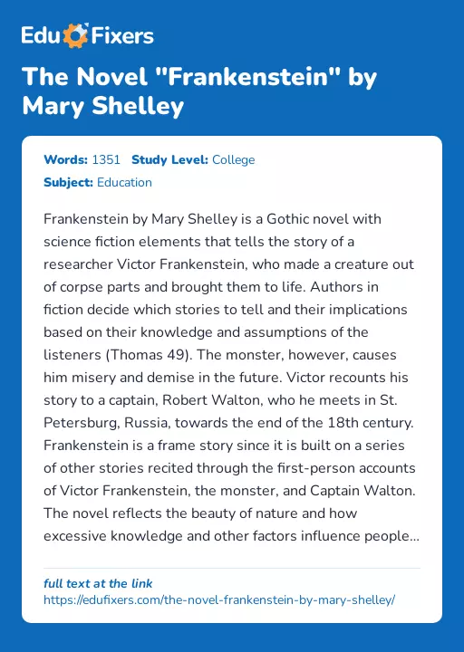 The Novel "Frankenstein" by Mary Shelley - Essay Preview