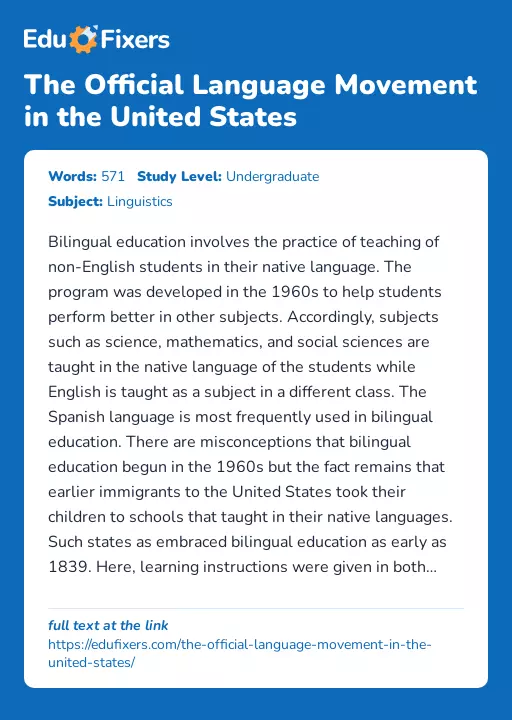 The Official Language Movement in the United States - Essay Preview