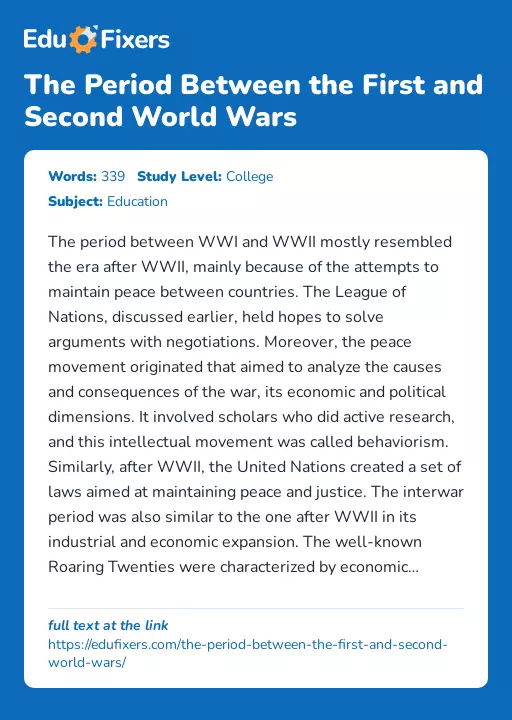 The Period Between the First and Second World Wars - Essay Preview