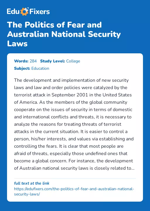 The Politics of Fear and Australian National Security Laws - Essay Preview