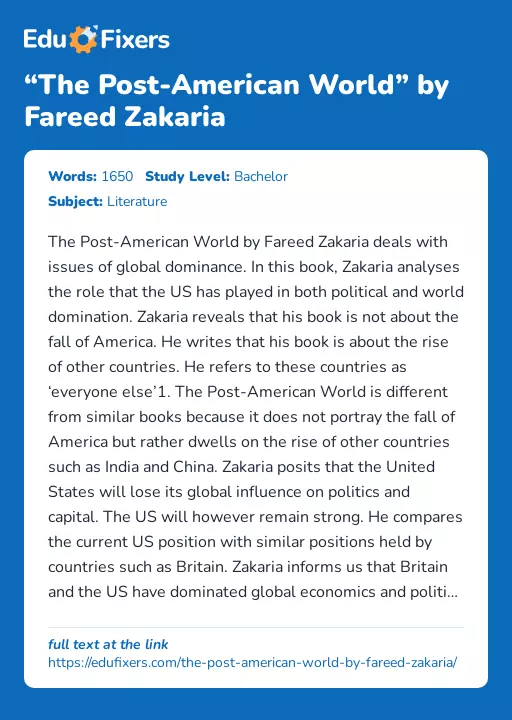 “The Post-American World” by Fareed Zakaria - Essay Preview