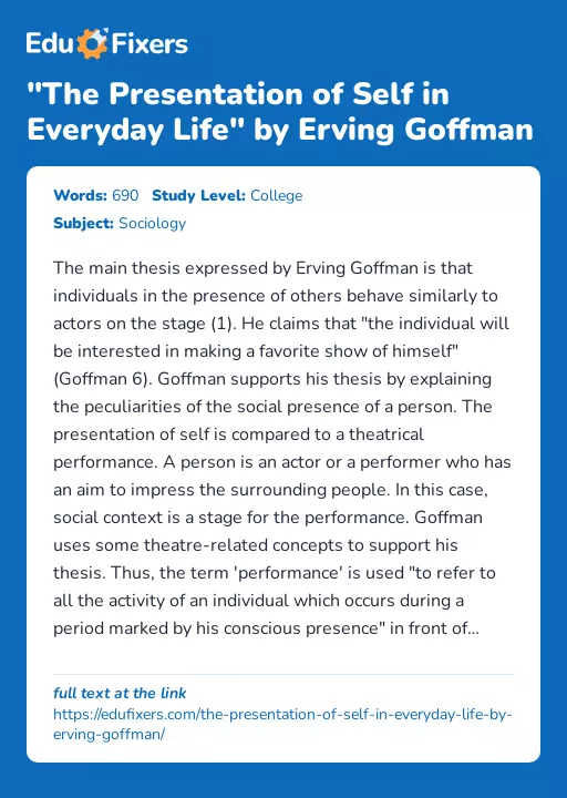 "The Presentation of Self in Everyday Life" by Erving Goffman - Essay Preview
