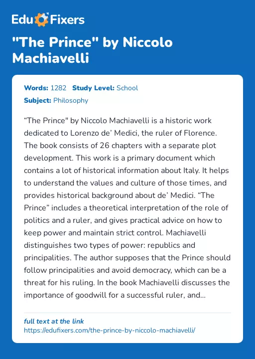 "The Prince" by Niccolo Machiavelli - Essay Preview