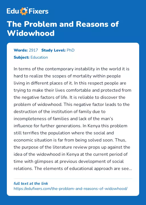 The Problem and Reasons of Widowhood - Essay Preview