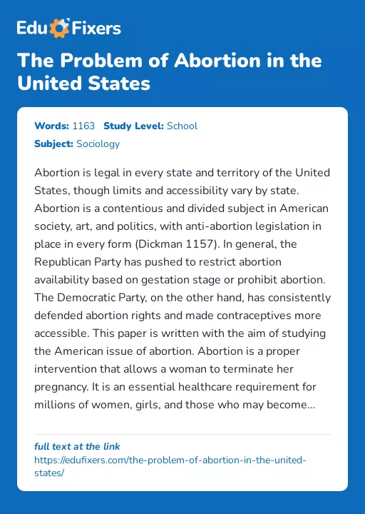 The Problem of Abortion in the United States - Essay Preview