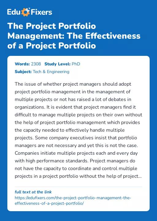 The Project Portfolio Management: The Effectiveness of a Project Portfolio - Essay Preview