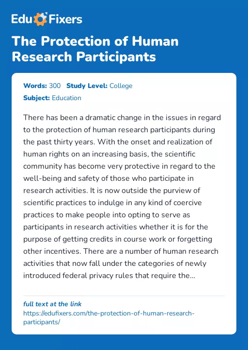The Protection of Human Research Participants - Essay Preview