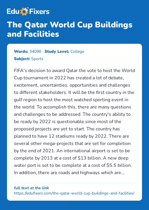 The Qatar World Cup Buildings and Facilities - Essay Preview