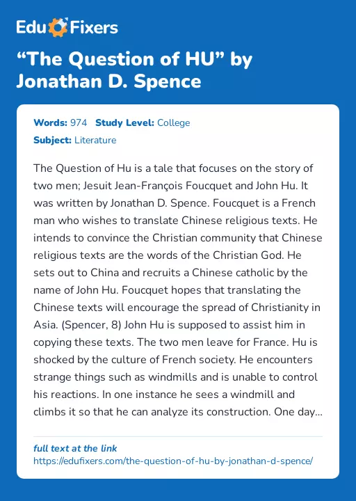 “The Question of HU” by Jonathan D. Spence - Essay Preview