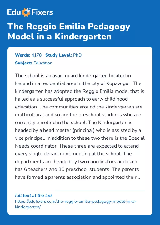 The Reggio Emilia Pedagogy Model in a Kindergarten - Essay Preview