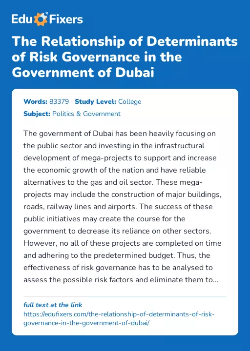 The Relationship of Determinants of Risk Governance in the Government of Dubai - Essay Preview