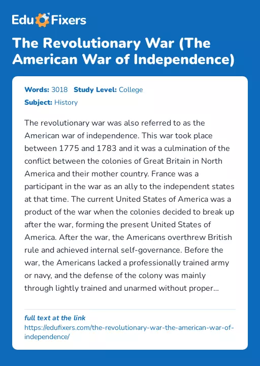 The Revolutionary War (The American War of Independence) - Essay Preview