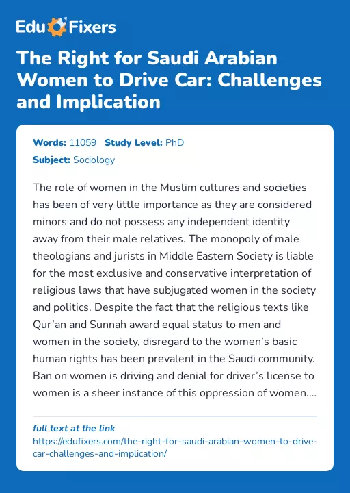 The Right for Saudi Arabian Women to Drive Car: Challenges and Implication - Essay Preview