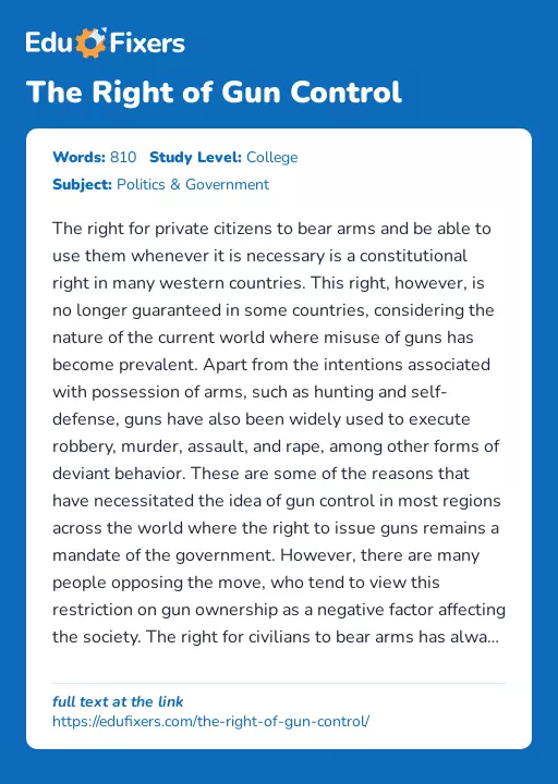 The Right of Gun Control - Essay Preview