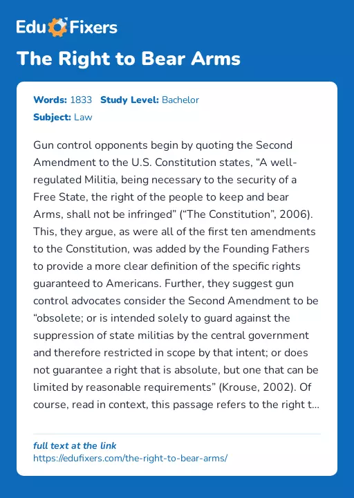 The Right to Bear Arms - Essay Preview