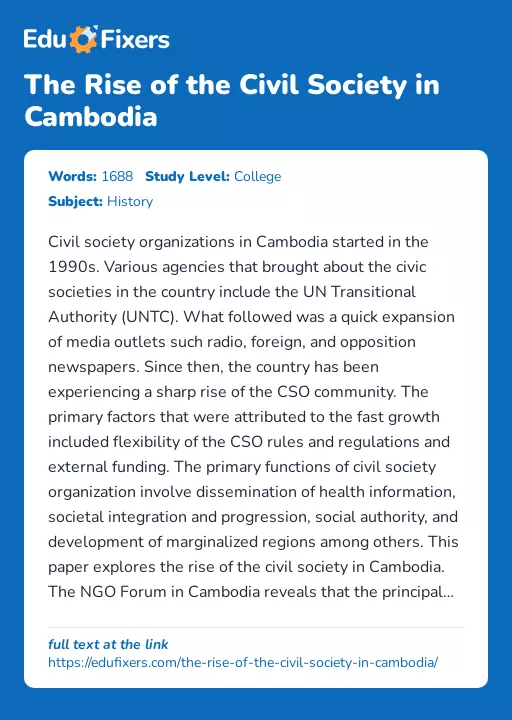 The Rise of the Civil Society in Cambodia - Essay Preview