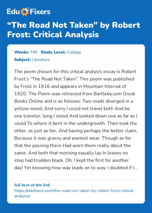 “The Road Not Taken” by Robert Frost: Critical Analysis - Essay Preview