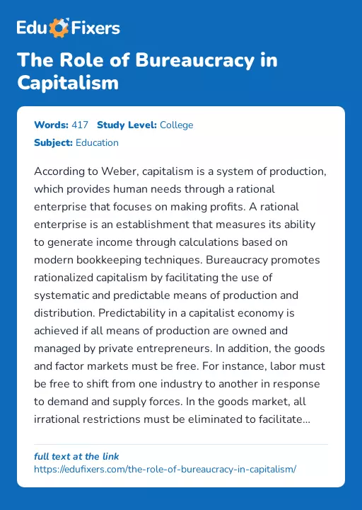 The Role of Bureaucracy in Capitalism - Essay Preview