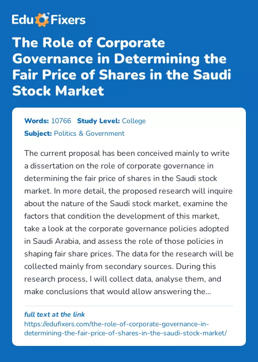 The Role of Corporate Governance in Determining the Fair Price of Shares in the Saudi Stock Market - Essay Preview