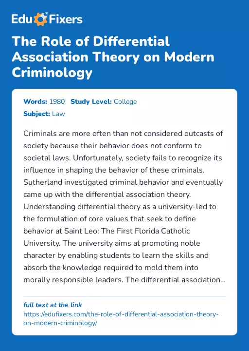 The Role of Differential Association Theory on Modern Criminology - Essay Preview