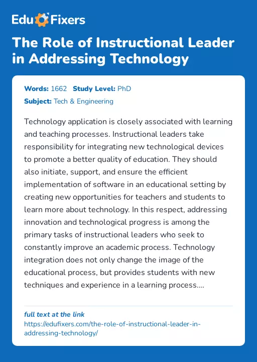 The Role of Instructional Leader in Addressing Technology - Essay Preview