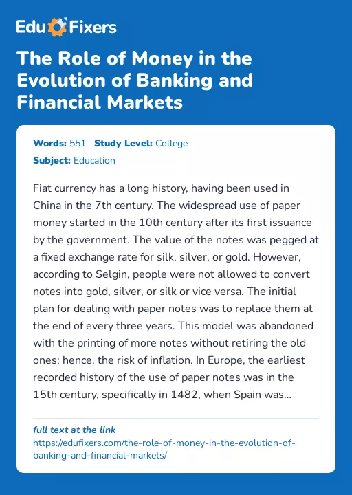 The Role of Money in the Evolution of Banking and Financial Markets - Essay Preview