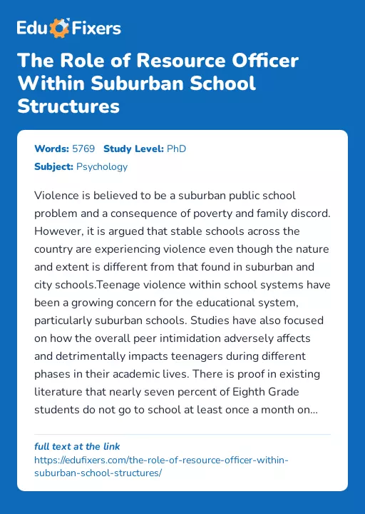 The Role of Resource Officer Within Suburban School Structures - Essay Preview