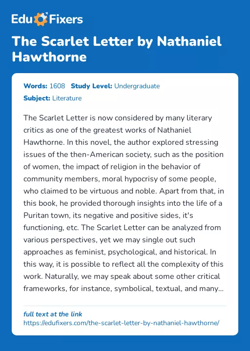 The Scarlet Letter by Nathaniel Hawthorne - Essay Preview
