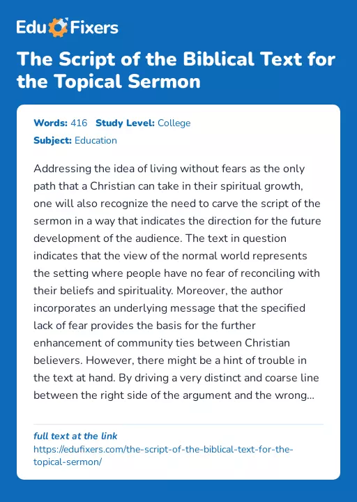 The Script of the Biblical Text for the Topical Sermon - Essay Preview